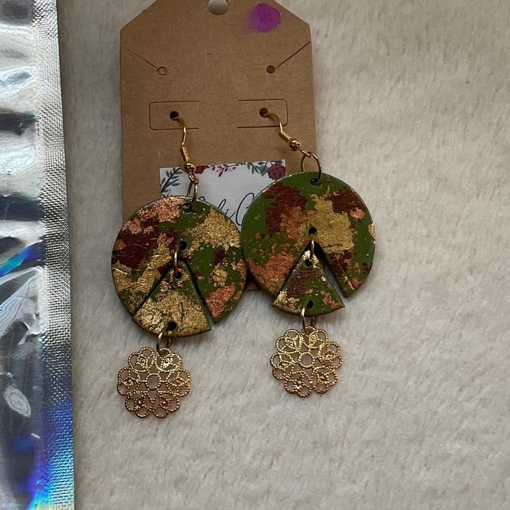 Gold and Green Dangle Earrings